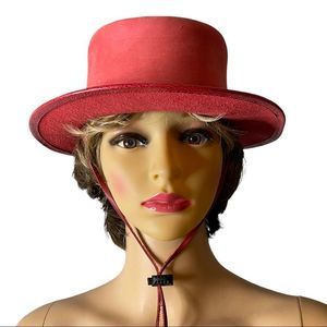 Dusty Red Suede Leather Boater Hat with Flat Top Stiff Brim